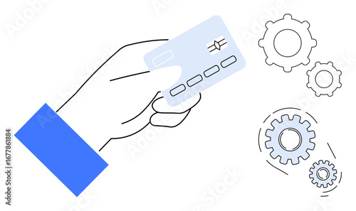Hand holding a credit card, accompanied by interconnected gears. Ideal for technology, payment systems, commerce, financial transactions, automation, fintech digital transformation. Simple flat