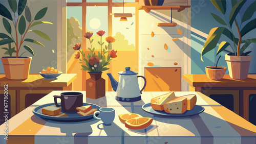 Cozy kitchen breakfast, open-faced toast, tea pot, vase with dried flowers, morning light, hand-drawn vector illustration.