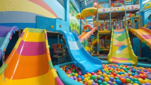 Wallpaper Mural A vibrant indoor playground with colorful slides and a ball pit, perfect for kids to explore and play happily. 4k video Torontodigital.ca