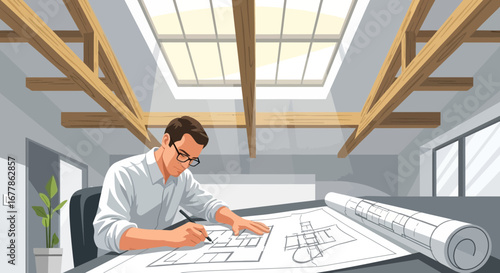 Architect sketching building plans under natural light in modern office space