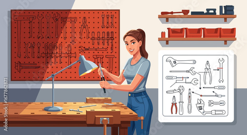 A woman assembling or repairing something in a bright, organized workshop space