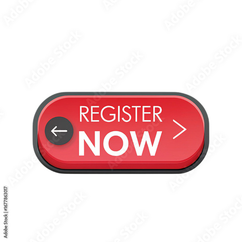 Dynamic red 'Register Now' button with directional arrows, essential graphic for website user registration, event sign-ups, and strong online call-to-action prompts