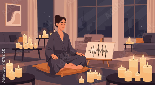 Zenith Serenity: A woman practicing mindful meditation with a calming EEG display