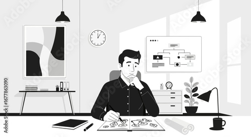 Illustrative black and white scene of a designer at work brainstorming ideas