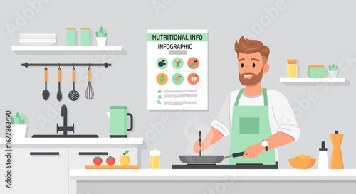 Man preparing meal in modern kitchen interior with nutrition infographic