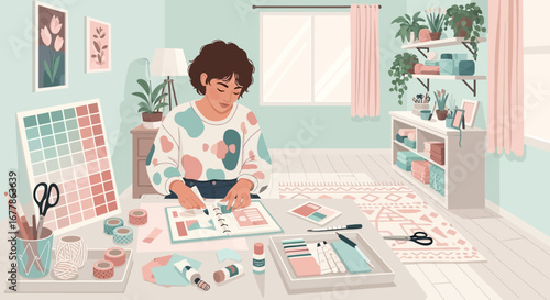 Creative journaling session: A woman designing a scrapbook in her cozy home studio