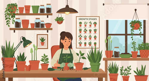Indoor Gardening: Woman potting plants surrounded by various potted greens