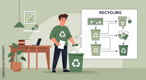 Man promoting eco-awareness through sorting trash at home for environmental sustainability