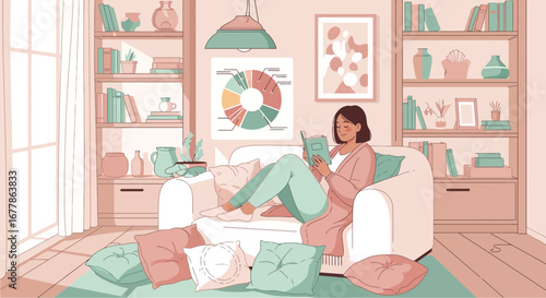Illustration portraying a relaxed woman reading in a cozy, inviting living room
