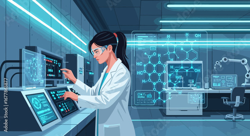 Future of laboratory, female scientist analyzes data with augmented reality display