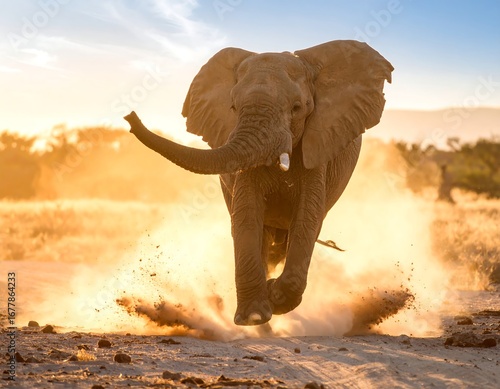 Majestic elephant running in golden sunset