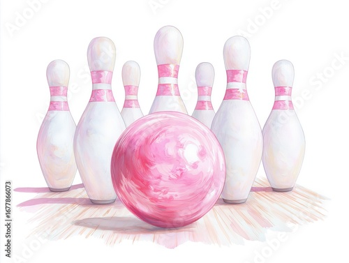 Watercolor Illustration of Pink Bowling Ball and Pins on Wooden Lane, Cute and Fun Sports Art for Girls, Kids, and Bowling-Themed Designs