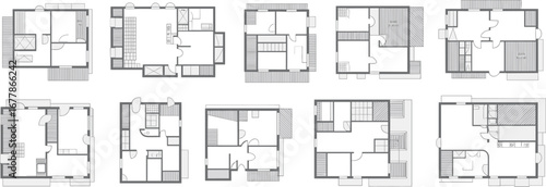 Top view floor plans, residential architecture layouts, black and white vector illustration, CAD home blueprints, modern house drawing set