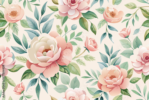 Elegant floral pattern with soft peach roses and delicate foliage for romantic designs and upscale projects