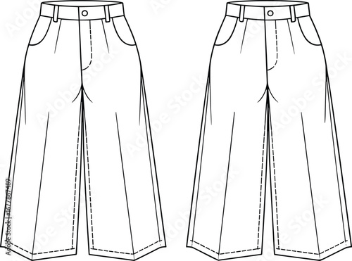 Women wide leg pants front view, fashion cad flat sketch, high waist trouser template, vector illustration technical drawing