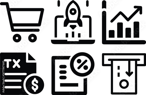 Financial icons set shopping cart startup growth tax payment financial report and atm transaction. Financial vector icon set