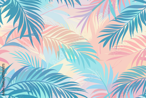 Pastel tropical paradise with palm leaves evoking serenity and calmness, ideal for summer designs