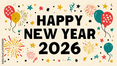 ポップで親しみやすいデザインが特徴の新年イラスト。2026年を祝う『HAPPY NEW YEAR』のメッセージと色とりどりの星や飾りが描かれており、年賀状、ポスター、プレゼン資料やSNSバナーに幅広く使える明るい印象の素材