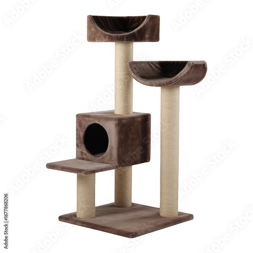Multi level cat tree with scratching posts and perches isolated on transparent background