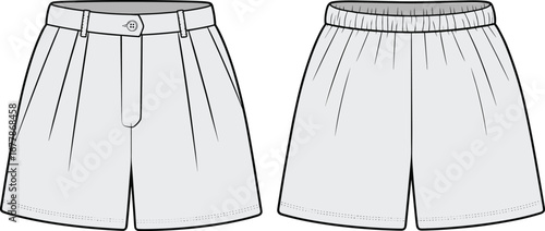 Kids pleated shorts flat sketch, vector cad template, front back view, button fly, elastic waistband, tailored children shorts
