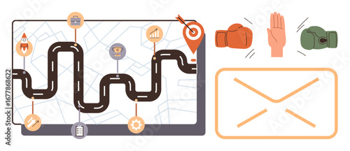Roadmap with milestones, boxing gloves, handshake, and email icon illustrating goals, teamwork, conflict resolution, and communication. Ideal for planning, project management strategy teamwork