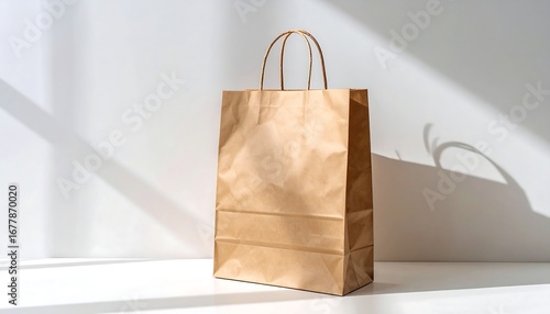 A simple brown paper shopping bag casting a shadow against a white wall in a studio lighting setup