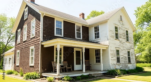 Weathered Colonial Style Home with a Front Porch.