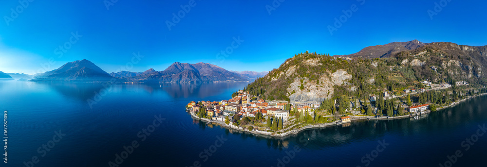 Obraz premium Panorama view of Varenna town situated at lake Como in Italy