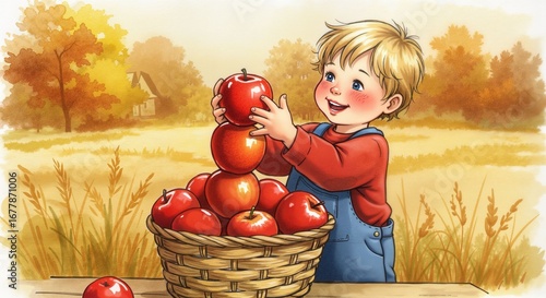 Child stacking apples in basket, hand-drawn food and harvest concept. Autumn activity, kids helping in garden, seasonal farm work, organic lifestyle, use for storybooks or labels