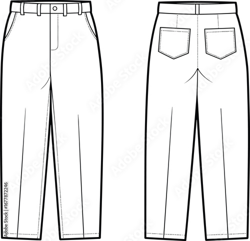 Men’s straight-leg trousers front and back view, fashion flat sketch, technical apparel drawing for design, vector CAD template.