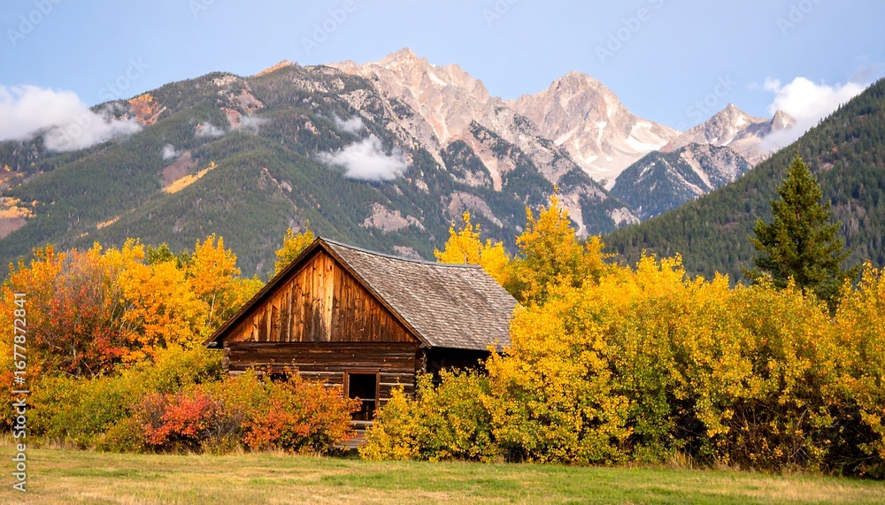 Fototapeta premium Autumn cabin nestled in mountains (1)
