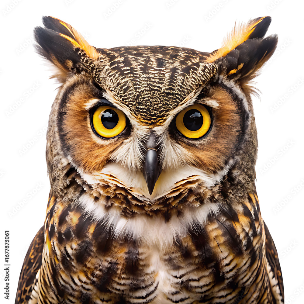 Obraz premium Close up portrait of a great horned owl with piercing yellow eyes and ear tufts isolated on transparent background