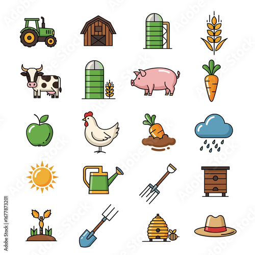 Farm animals and crops depicted with simple lines and bright colors representing rural life and agricultural abundance.