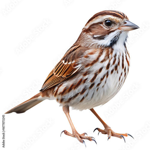 A detailed close up studio shot of a song sparrow perched on a branch isolated on transparent background
