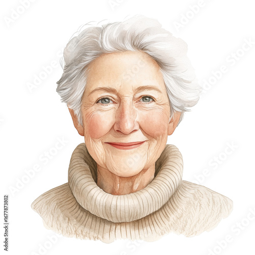 Elderly woman with white hair, warm smile, cozy sweater, soft lighting, gentle expression