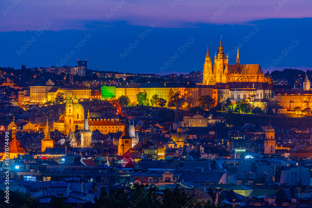 Fototapeta premium Sunset view of Prague from Rieger orchards in Prague, Czech repu