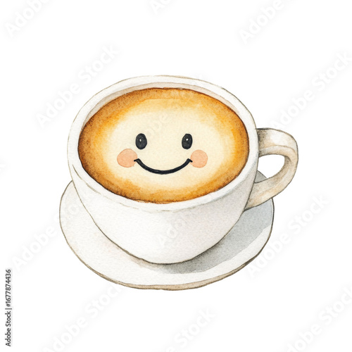 Smiling coffee cup watercolor white ceramic saucer cute happy brown hand painted