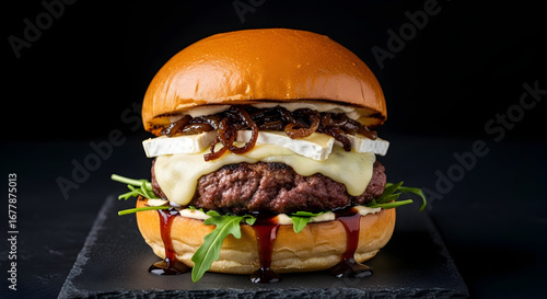 Premium Cheese Burger with Melted Brie, Caramelized Onions, and Arugula on a Slate Board, Isolated on Black