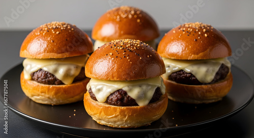 Delicious gourmet mini cheese burger sliders with melted cheese on a dark plate, perfect for an appetizer or snack.