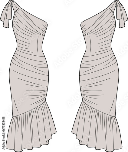 One-shoulder ruched bodycon dress flat sketch with tie strap and flared hem – cad drawing flat vector illustration