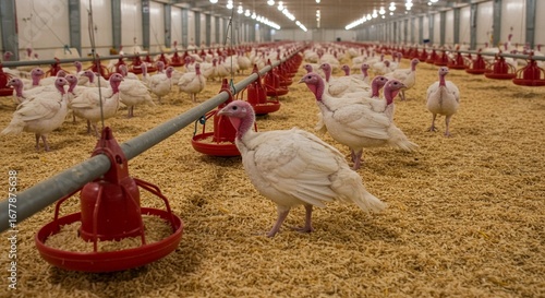 Interior of a large-scale turkey farm showing rows of birds and feeding equipment.