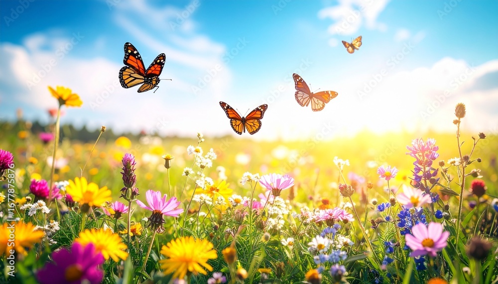 Vibrant meadow teeming with colorful butterflies on a sun-drenched day Vibrant meadow teeming with colorful butterflies on a sun-drenched day