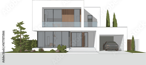 Modern villa front elevation, luxury house facade, minimalist architecture design, contemporary home exterior, 3D rendering with garage and landscaping.