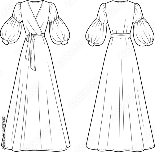 Puff sleeve maxi dress with wrap front design, back belt tie, fashion cad sketch, technical garment drawing, vector illustration