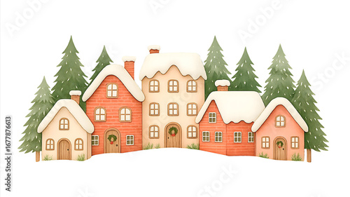 Wallpaper Mural Cute Christmas Houses Illustration, Festive Holiday Cottage Clipart Collection Torontodigital.ca