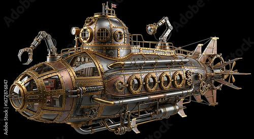 Detailed steampunk submarine with mechanical arms and propeller on a black background scene