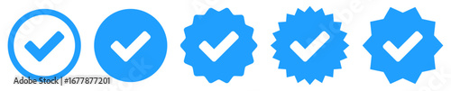 blue verified icon, social media account verify icons . blue check mark icon tick symbol verification sign . blue profile verified badge set icons
