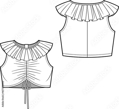 Ruffle neckline crop top, drawstring front detail, sleeveless blouse, technical fashion sketch, front and back view, vector cad illustration