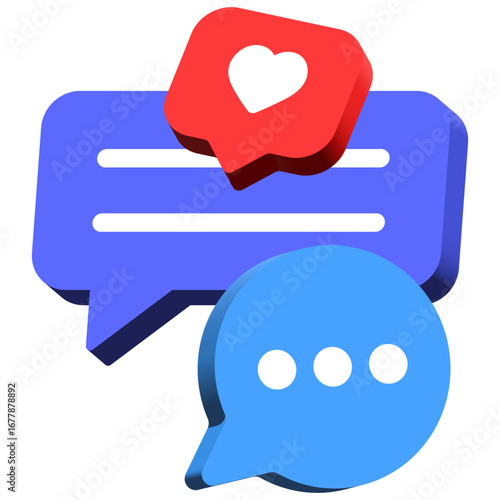 3d blue chat bubbles icon with heart like speech bubble symbol Chat message icons - talk messages bubble chat speech text box icon , social media communication and messaging background. 3d vector