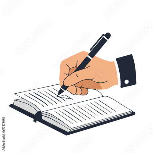 A minimalist 2D flat vector illustration shows a close-up of a human hand holding a pen, actively writing on an open notebook page, isolated against a clean white background.